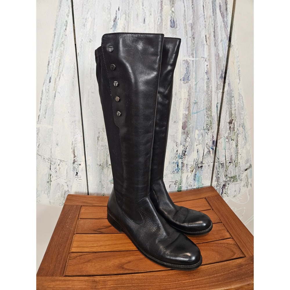 Tahari Brady Black Leather Knee High Boots Studded Low Heel Womens 6.5M